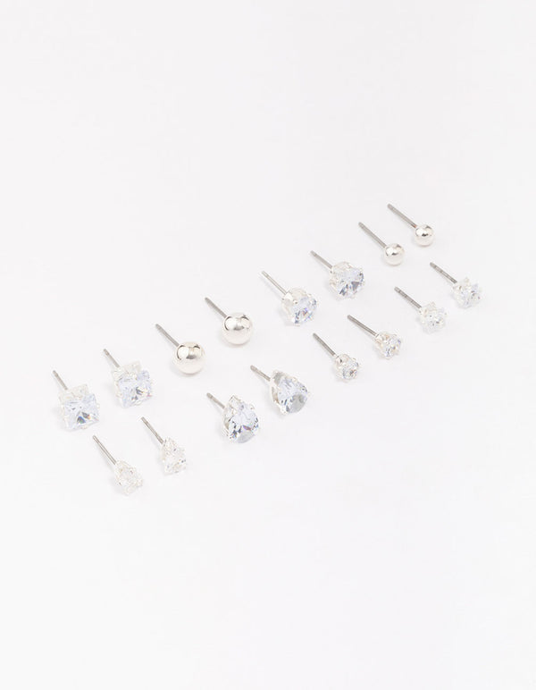 Silver Mixed Diamante Shape Earring 8-Pack