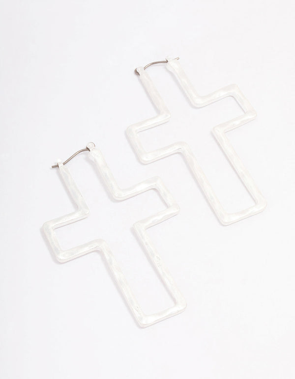 Silver Cross Outline Hoop Earrings