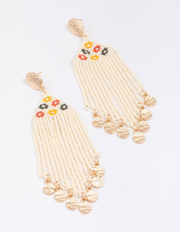 Gold Beaded Fringe Drop Earrings