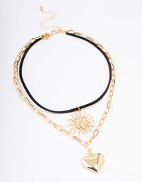 Gold Heart Sun Cord Layered Necklace - link has visual effect only