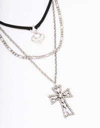 Rhodium Diamante Cross Cord Layered Necklace - link has visual effect only