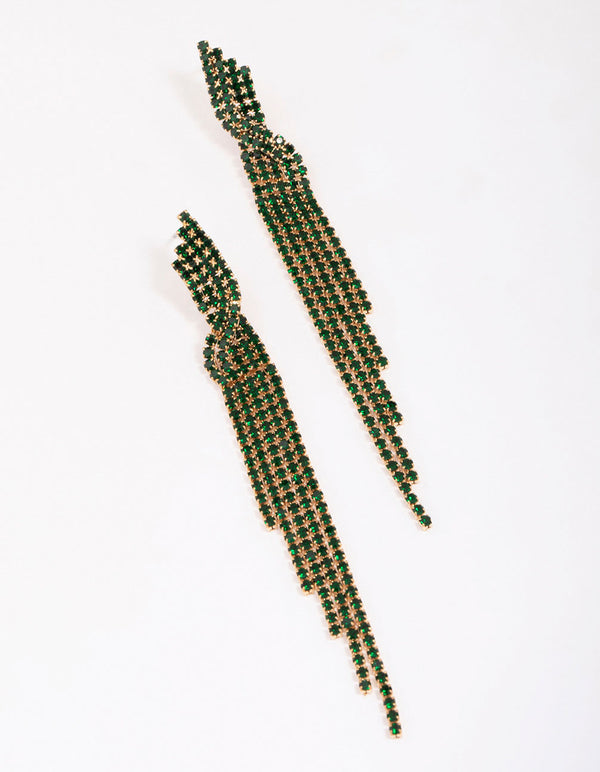 Gold & Emerald Diamante Twisted Drop Earrings