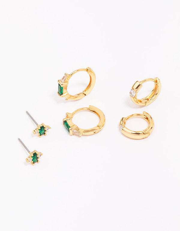 Gold Plated Emerald Boho Baguette Earring 3-Pack