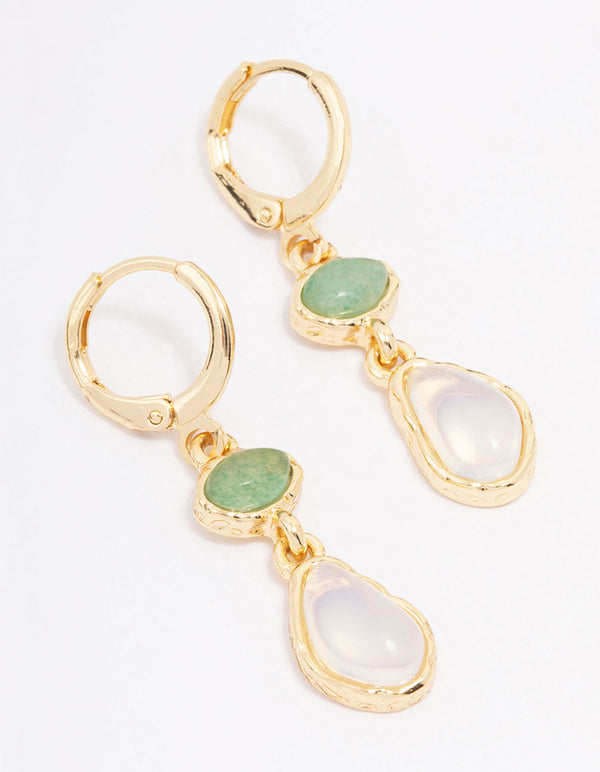 Gold Plated Double Organic Stone Drop Earrings