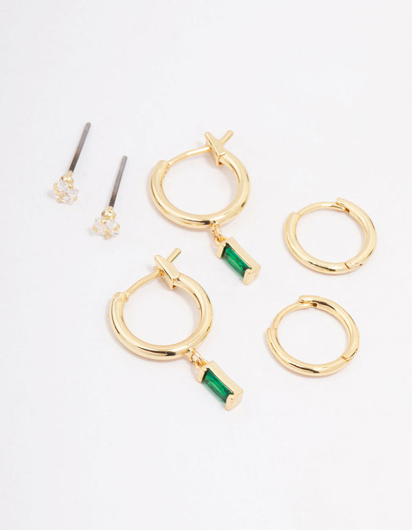 Gold Plated Cubic Zirconia Emerald Baguette Earring 3-Pack