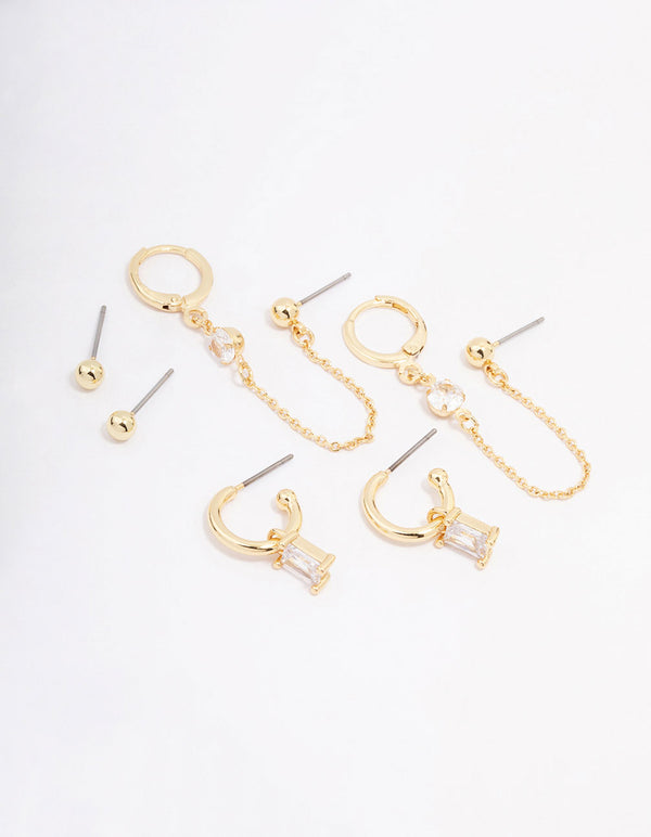 Gold Plated Baguette Hoop Chain Earring 3-Pack
