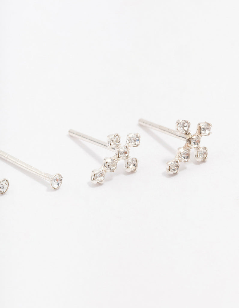 Sterling Silver Cubic Zirconia Cross Stud Earring Pack