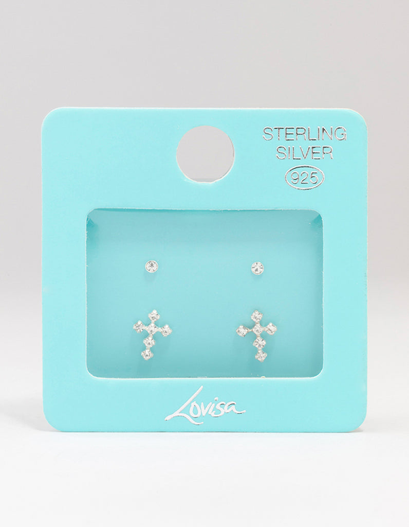 Sterling Silver Cubic Zirconia Cross Stud Earring Pack