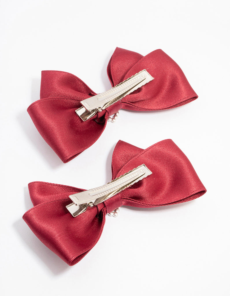 Red Fabric Bow with Diamante Heart Clip 2-Pack