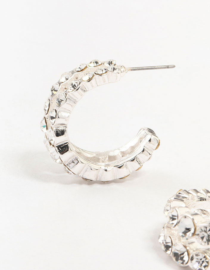 Silver Crystals Double Strand Hoop Earrings