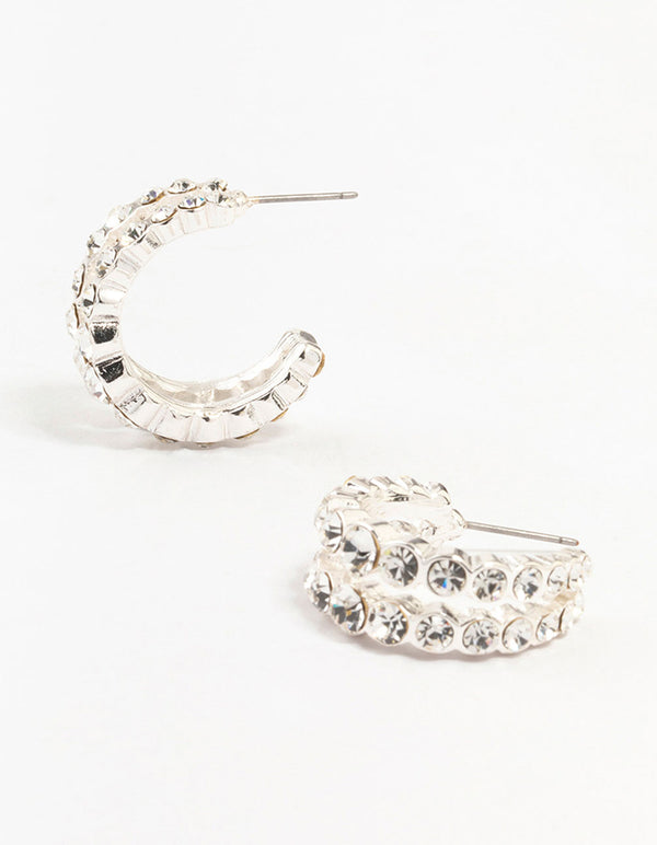 Silver  Bohemia Czech Crystals Double Strand Hoop Earrings