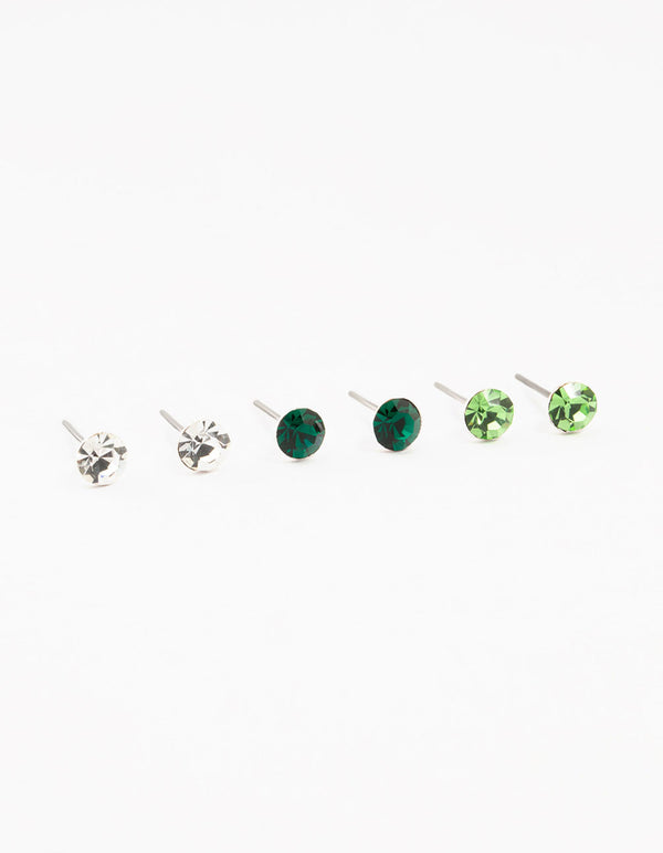 Green Circular Bohemia Czech Crystal Stud Earrings 3-Pack