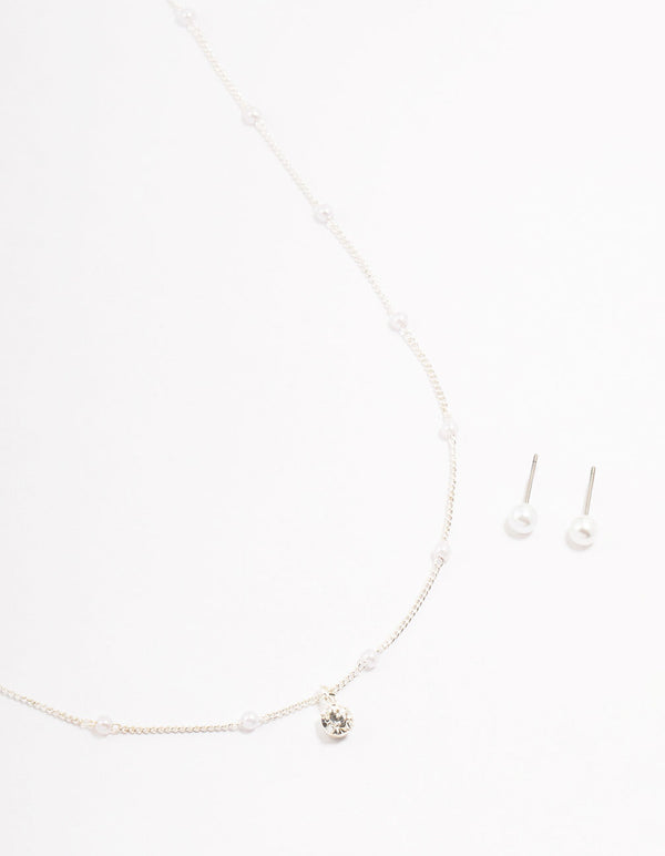 Silver  Pearl Czech Crystal Necklace & Earrings Set