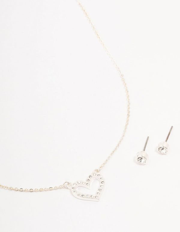 Silver Bohemia Czech Crystal Heart Necklace & Stud Earrings Set