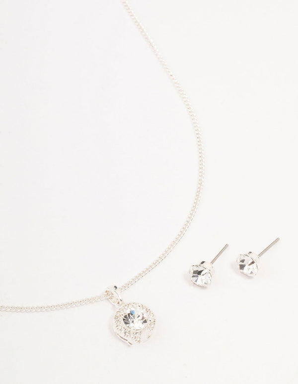 Silver Bohemia Czech Crystal Halo Necklace & Stud Earrings Set