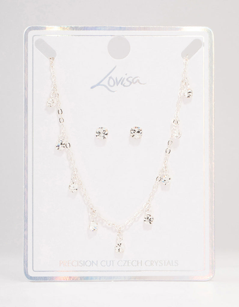 Silver Czech Crystal Droplet Necklace & Earrings Set