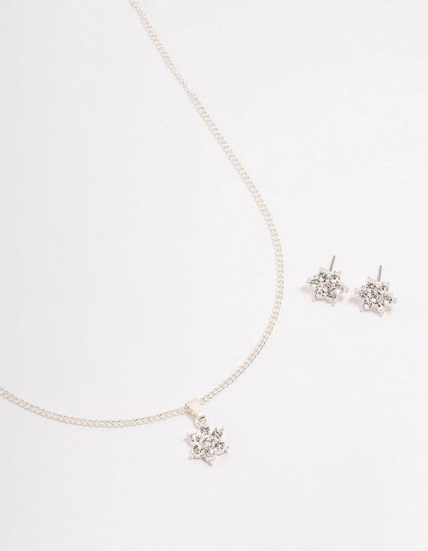 Silver Flower Czech Crystal Stud Earrings & Necklace Set