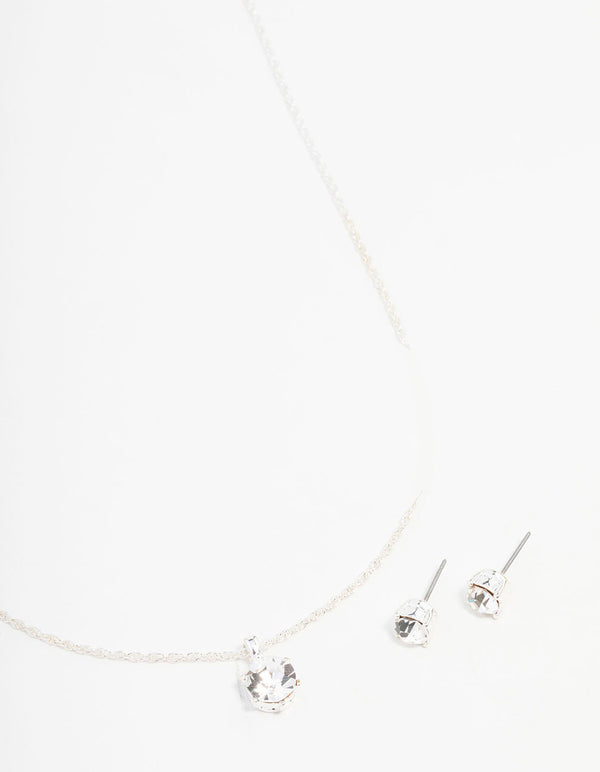 Silver Solitaire Bohemia Czech Crystal Droplet Necklace & Stud Earrings Set