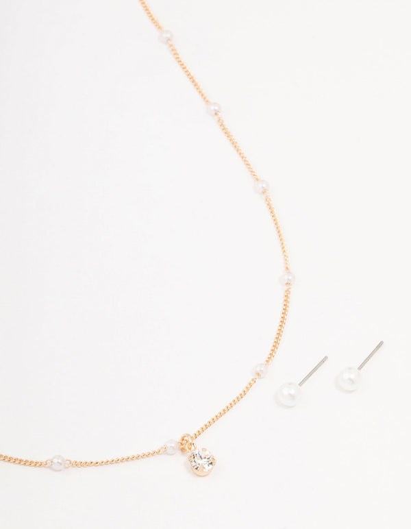 Gold Station Bohemia Crystal Necklace & Pearl Earrings Set