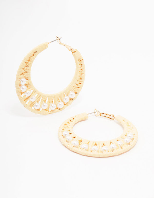 Cream Woven Raffia Fabric Hoop Earrings