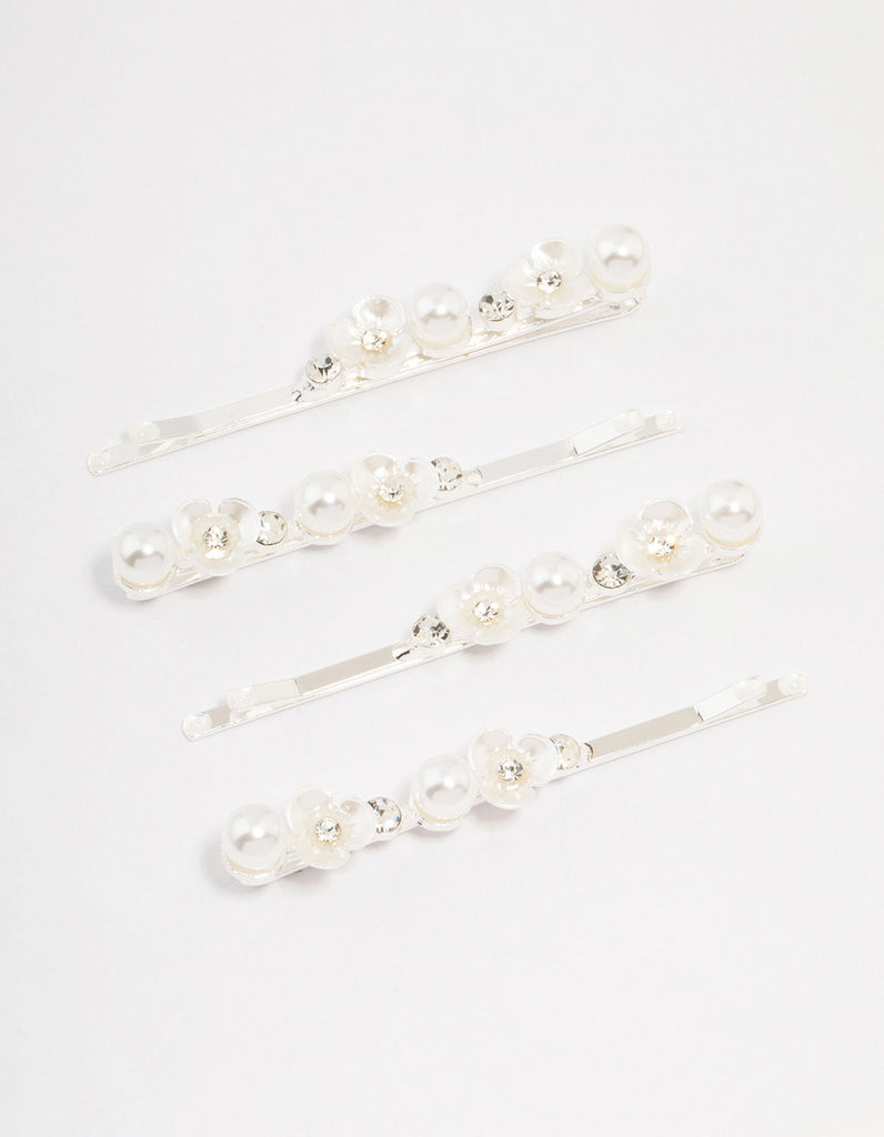 Silver Pearl Mini Flower Hair Clip 4-Pack