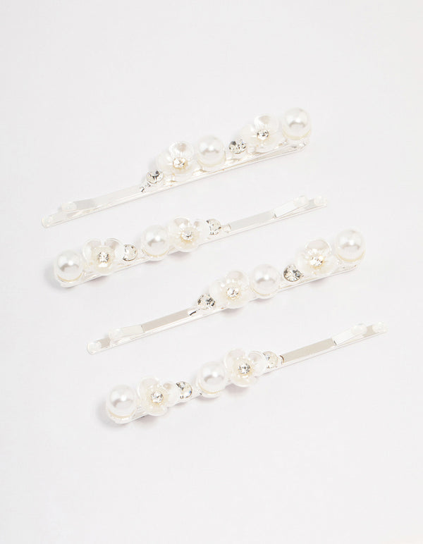 Silver Pearl Mini Flower Hair Clip 4-Pack