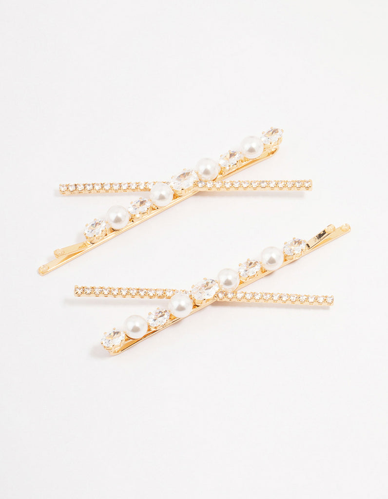 Gold Pearl & Crystal Cross Hair Clip 2-Pack