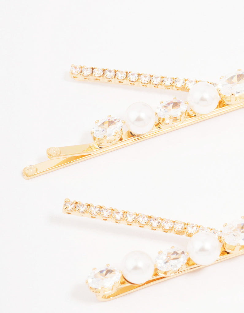 Gold Pearl & Crystal Cross Hair Clip 2-Pack