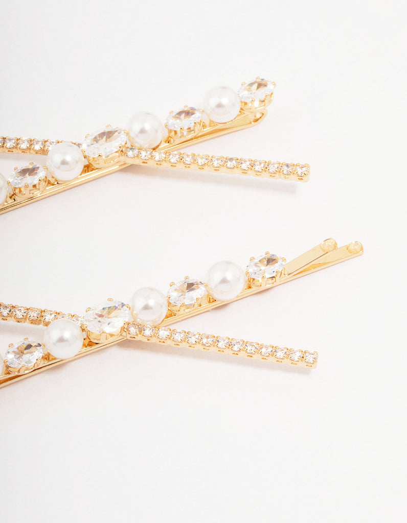 Gold Pearl & Crystal Cross Hair Clip 2-Pack