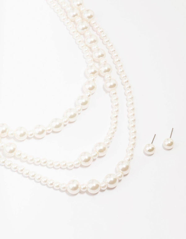 Pearl Beaded Layered Necklace & Stud Earring Set