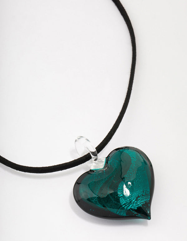 Black Cord & Teal Puffy Heart Pendant Necklace