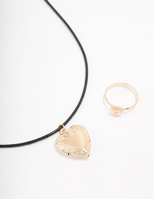 Gold Heart Pendant Necklace & Ring Set