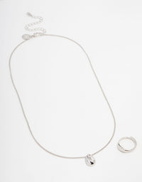 Rhodium Smooth Stone Necklace & Ring Set - link has visual effect only