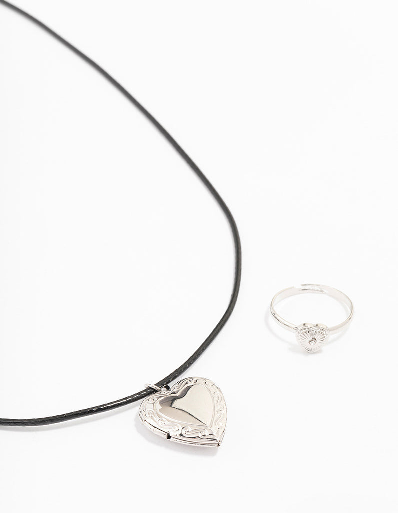 Rhodium Heart Locket Jewellery Set