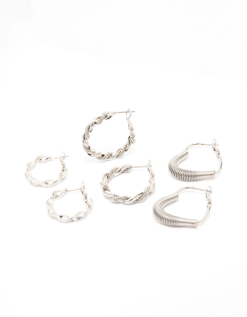 Rhodium Coil Heart Hoop Earring 3-Pack