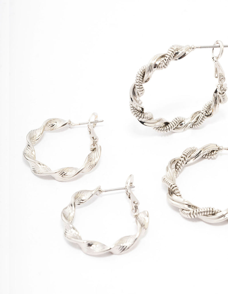 Rhodium Coil Heart Hoop Earring 3-Pack