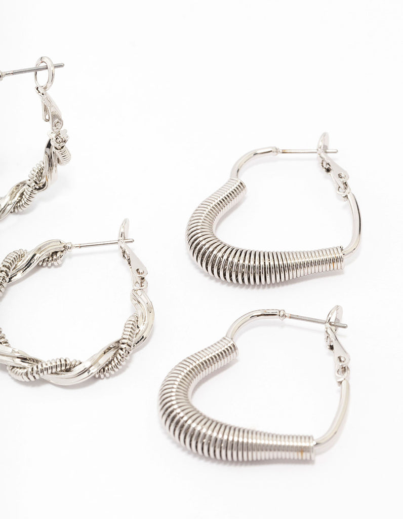 Rhodium Coil Heart Hoop Earring 3-Pack