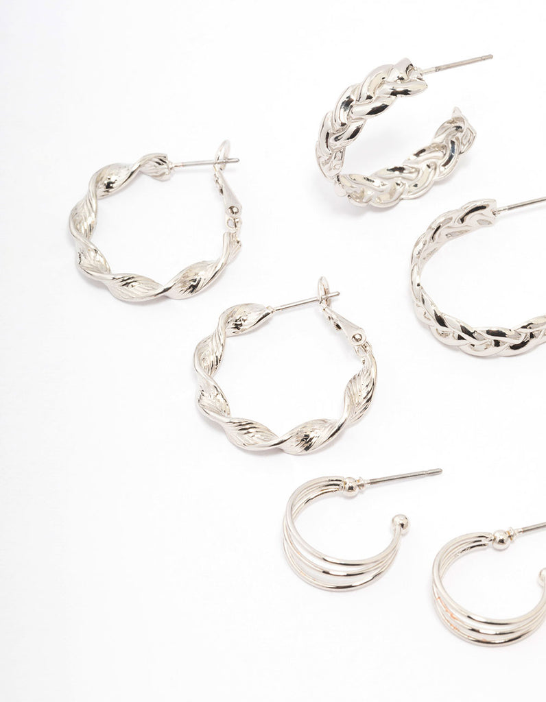 Rhodium Twisted Chain Hoop Earring 6-Pack