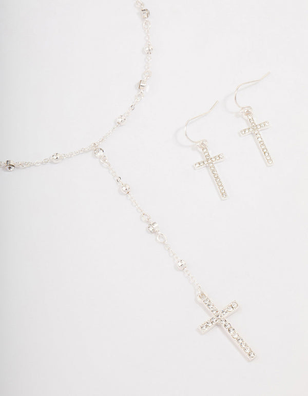 Silver Beaded Cross Jewellery Set