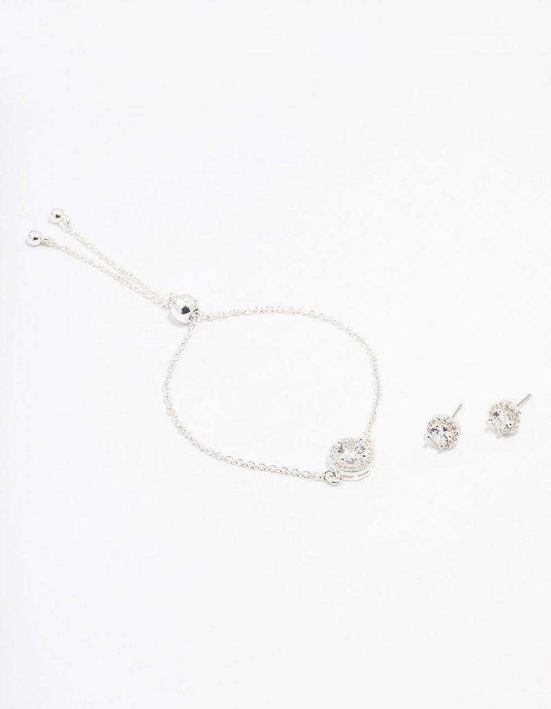 Silver Cubic Zirconia Round Halo Jewellery Set