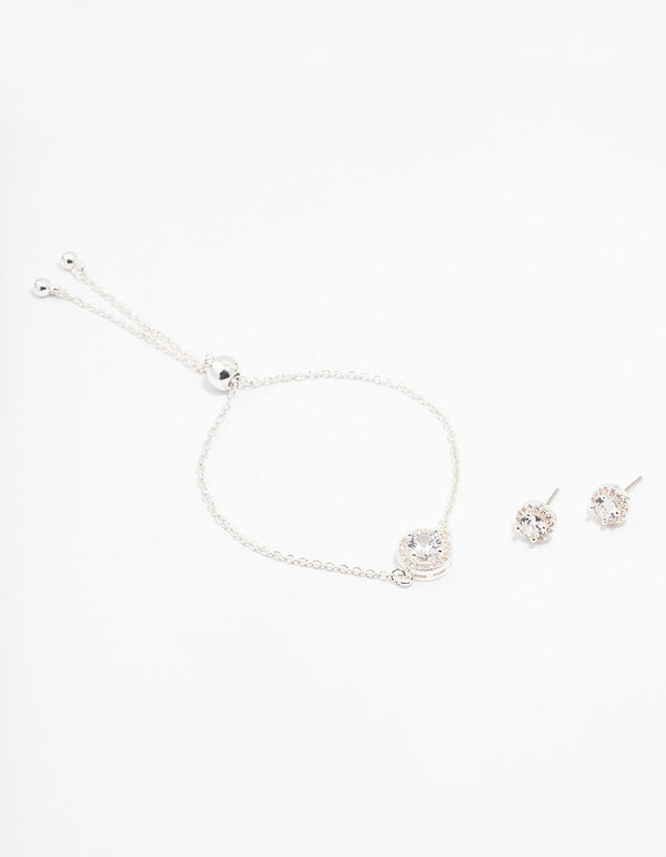 Silver Cubic Zirconia Round Halo Jewellery Set