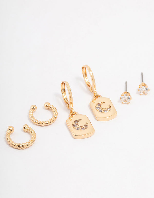 Gold Plated Moon Charm Earring 3-Pack