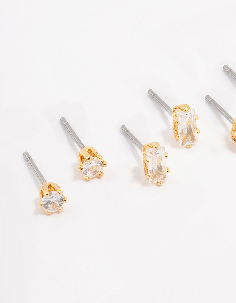 Gold Plated Cubic Zirconia Stud Earring 4-Pack