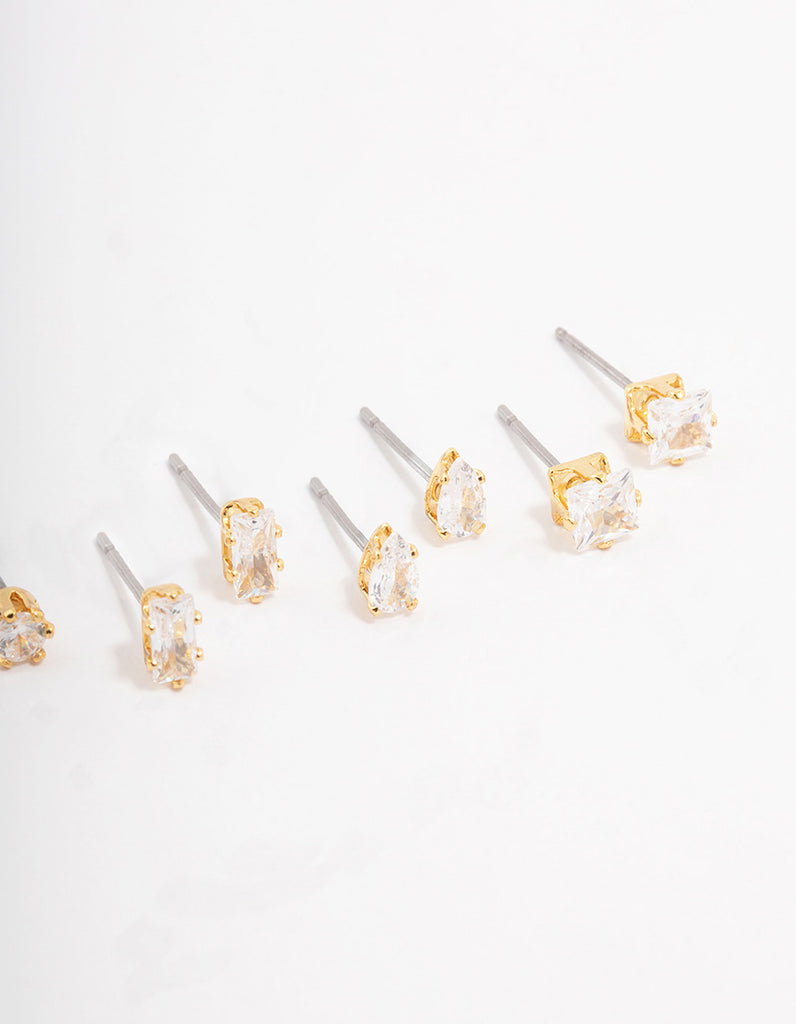 Gold Plated Cubic Zirconia Stud Earring 4-Pack