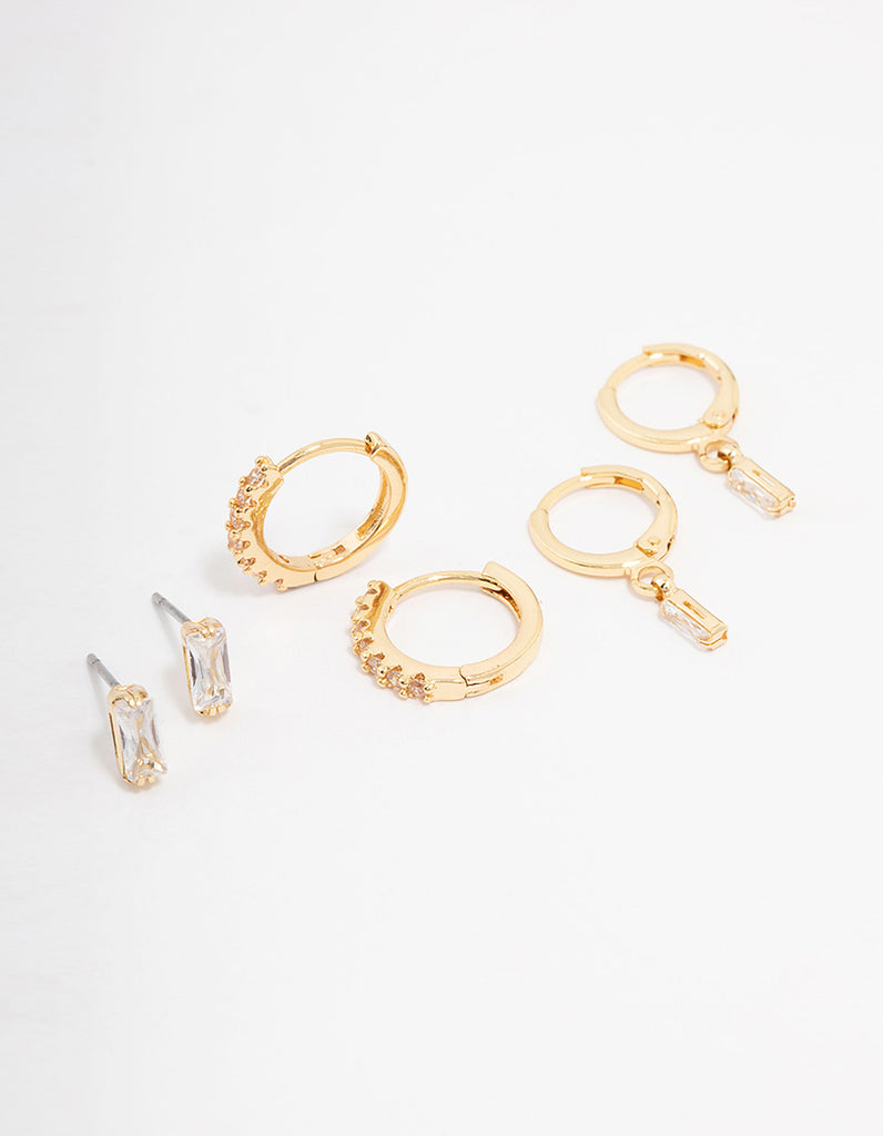 Gold Plated Baguette Stud & Huggie Earring 3-Pack