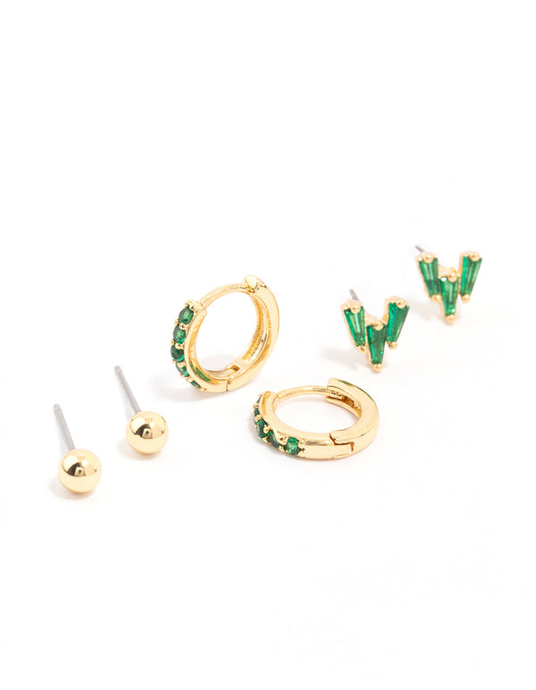 Gold Plated Baguette Cluster Stud Earring 3-Pack