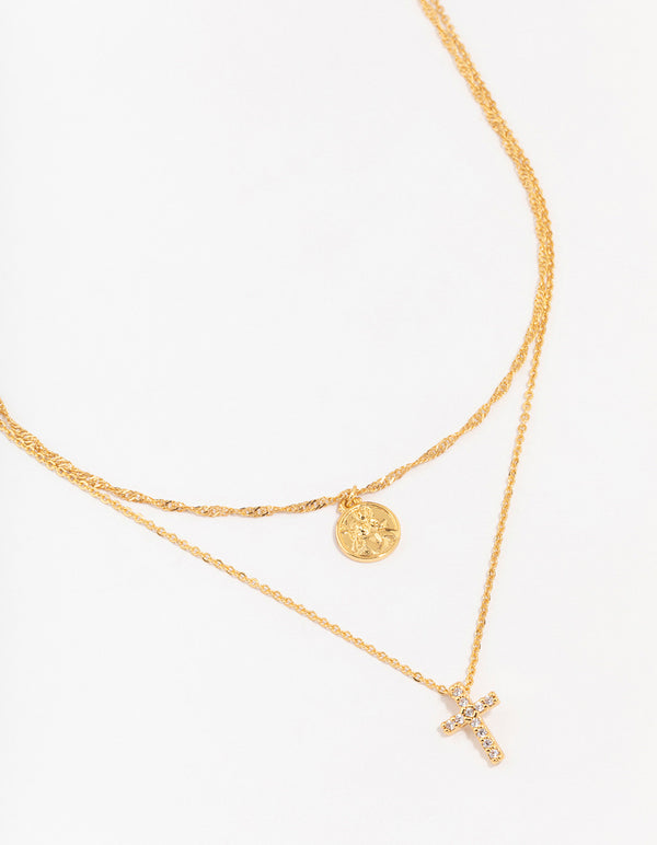 Gold Plated Cubic Zirconia Cross Coin Layered Necklace