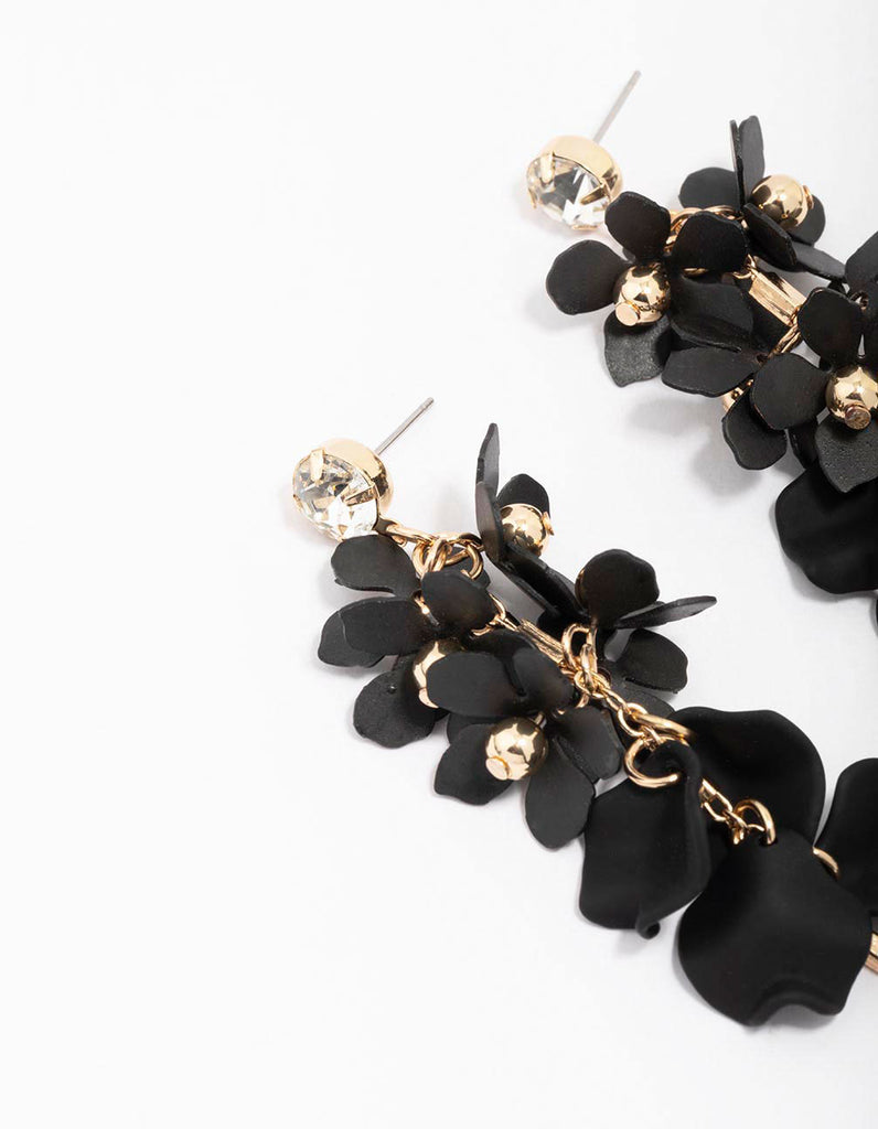 Gold & Black Petal Diamante Chain Drop Earrings