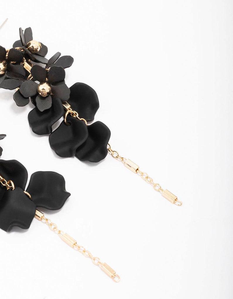 Gold & Black Petal Diamante Chain Drop Earrings