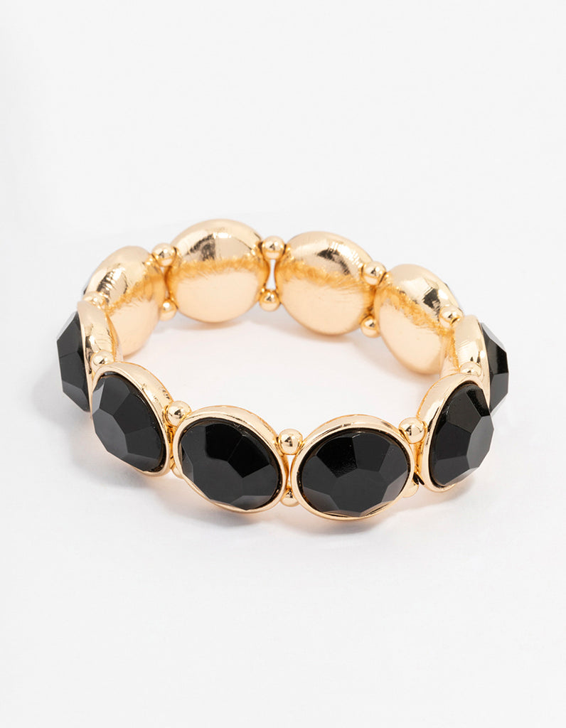 Gold Toned Black Round Stretch Bracelet